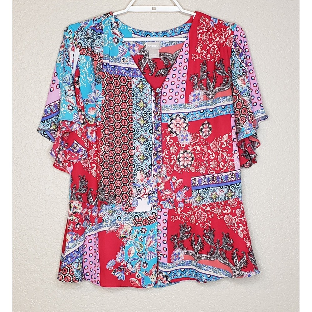 Chico's Top Sz 1 (US8-10) Short Sleeve Button Front V-Neck Flowy Blouse